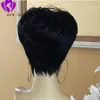 Krótka fryzura krojona w pixie dla czarnych kobiet wstępnie wyrzucone koronkowe przednie ludzkie peruki włosy z grzywką prosto brazylijski Bob Wig7772603