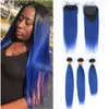 # 1B / Blue Ombre Rechte Braziliaanse Menselijk Haar Weave Bundels met 4x4 Kantsluiting Zwart naar Donkerblauwe Ombre Virgin Hair Weefs met Sluiting