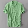 Stand Collar Men's Short Sleeve Linen Cotton Shirt With Botton White Green Blue Summer Casual Shirts Men New225R