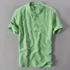 Stand Collar Men's Short Sleeve Linen Cotton Shirt with Botton White Green Blue Summer Casual Shirts Men New