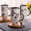 Tasse créative en céramique de chat de 600ml | Avec couvercle et cuillère, tasse de café au lait de dessin animé, tasses en porcelaine, jolis cadeaux 3038