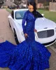 Royal Blue Black Girls Mermaid Long Prom Dresses 2020 Długie Rękawy 3D Floral Spódnica Koronka Aplikacja Zroszony Formalne Party Suknie Wieczorowe BC0749