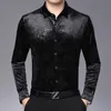 Wine Red Velvet Floral Dress Shirts Mens Slim Fit Long Sleeve Smooth Velour Shirt for Men Casual Button Down Shirt Male Chemise