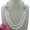 Hand knotted 3strands 7-8mm white round freshwater pearl necklace micro inlay zircon accessories pearl pendant long 53-58cm