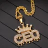 Fashion- Luxury 18K Gold Plated Bling Diamond Mens Crown CEO Letter Pedant Necklace Iced Out Rhinestone Hip Hop Jewelry Gifts for Boys