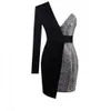 Hjort lady blazer kvinnor paljett långärmad bodycon klänning party klubb elegant sexig v hals en axel