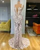 Prachtige 3D Floral Applicaties Avondjurken met Kristallen Illusie Deep V-hals Pearls Prom Gowns Luxe Mode Designer Celebrity Jurk