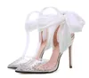 2019 blanc en mousseline de soie cheville wrap strass bout pointu pompes talons hauts mode luxe femmes chaussures de mariage taille 35 à 40