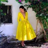 Yellow Tea Length Deep V-neck Cocktail Party Dresses 2022 Fall Winter Long Sleeve Draped Princess A-line Prom Graduation Bridesmaid Dress