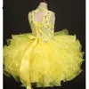 2019かわいいフリル黄色い赤ちゃんの女の子Pageantドレスオーガンザハイネックキャップスリーブビーズラインストーンファーストコミッションドレス子供の誕生日のドレス