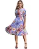 Fashion-2019新しいファッション女性プラスサイズのドレスカラフルな花柄プリントVネックハーフスリーブミディスリムエレガントな作品オフィスワンピースパープル