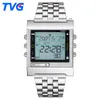 New Rectangle TVG Remote Control Digital Sport watch Alarm TV DVD remote Men and Ladies Stainless Steel WristWatch274H