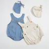 Peuter meisje romper baby meisjes denim jumpsuits hoed 2 stks sets mouwloze baby klimmen kleren sets zomer kinderkleding DHW3462