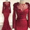 Custom Made Party Dress Sexy Prom Gowns Crystals Huge robe de soiree Mermaid Burgundy Formal Dresses Long Sleeves Feathers Prom Dresses