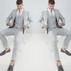 Ekose Damat Smokin Açık Gri Erkek Düğün Takım Elbise Çentikli Yaka Moda Erkekler Balo Yemeği Blazer Suit (Ceket + Yelek + Pantolon)