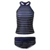 Mulheres Swimwear Mulheres Mulheres Biquíni Stripe Splice Backless Marinha Azul Sexy Europeu e Americano Slim Fit Swimsuits