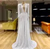 Sexy Long Sleeves Evening Dresses With Deep V Neck Front Split Sequined Prom Dress Long Vintage Celebrity Party Gowns robe de soiree