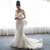 2019 Luxury Mermaid Wedding Dresses Sheer Neck Long Sleeves Illusion Full Lace Applique Bow Overskirts Button Back Chapel Train Br339Q