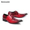 Batzuzhi Western Fashion Men Shoes Scales Pattern Scarpe eleganti in pelle Uomo Red Wedding Scarpe da uomo Zapatos Hombre Lace-up Punta in metallo