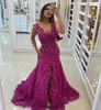 V-drock fioletowa sukienka wieczorowa z boku rozdzielające koronkowe aplikacje Kryształowe koraliki formalne suknie.