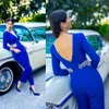 Arabic Dubai Royal Blue Jumpsuits Prom Dresses Long Sleeves Open Back Party Gowns Lace Appliqued Formal Dress Evening Wear Robe