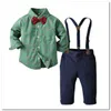 Kids performance outfits baby boys plaid lapel long sleeve shirtsuspender pantsBows tie 3pcs sets fall new family party clothes 1755573