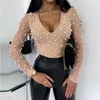 Fashion Sexy Beading Mesh See Through Low Cut Skinny Long Sleeve Women Blouse Sexy Tops and Shirt Long Sleeve Women Shirt