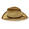 Mode Unisex Mannen Vrouwen Bruin Spray Verf Papier Stro Cowboy Hats 2019 Zomer Outdoor Grote Bravel Sunhat Lederen Band Decor