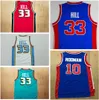 Najlepsza jakość Vintage # 33 Grant Hill Jerseys Blue Red Białe Szyte Grant Hill Shirts Męskie 10 # Dennis Rodman Jersey Blue Shirts Szyte