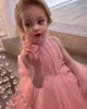 Fashion Pink High Low Flower Girl Dresses For Wedding 3D Appliced ​​Toddler Pageant -klänningar Sop Train Tulle Kids Prom Dress 415