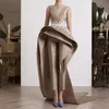 Elegant Crew Neck Satin Jumpsuit Long Evening Dresses Tulle Ruched Lace Applique Sweep Train Formal Party Prom Dresses