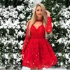 Red Lace Cocktail Dresses With Beads Collar A Line Short Prom Dress Long Sleeves Party Gowns Cheap