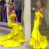 Африканский арабский Желтый Русалка Пром платья атласная с плеча Backless рукавов вечерние платья сшитое партии Pageant платье