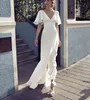 2022 Bridal Gowns Ensotek V-neck Beach Wedding Dresses Vestido Noiva Praia Simple Ruffles Casamento Boho Custom Asymmetrical