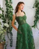 Charmante robe de bal en dentelle vert foncé, avec poches, bretelles Spaghetti, cou, ligne A, longueur au sol, robe de soirée, 245P