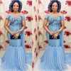 Aso Ebi sky blue Mermaid Prom Dresses Plus Size Off The Shoulder Beading Evening Gowns For Arabia Women Chiffon Sweep Train Party Vestidos