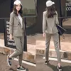 Kvinnor 2 Tvådelar Set Short Grey Solid Blazer + Hög midja Pant Office Lady hackad jacka Byxa Suits Korean Outfits Femme