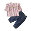 Criança crianças Baby Girl Ruffles roupa listrada 2pcs set meninas bebê Blusa T-shirt Tops Denim Calças Jeans Conjuntos Roupa 1-6Y