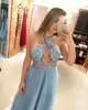 Grey Blue 2020 Halter Prom Dresses Beaded Keyhole Plunging V Neck Tulle Floor Length Lace Applique Custom Made Formal Evening Party Gowns