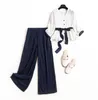 [Column] 2020 Spring European Jacquard Chiffon Suit Pants Female V-neck Shirt Suspenders Wide Leg Pants Three-piece 14022