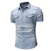 Mens Denim Shirts Top Short Sleeve Fashion Casual Wash Lapel Shirt Male Business Tops233C