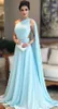 2020 Sexy Cheap One Shoulder Light Sky Blue Evening Dresses Wear Chiffon Sheer Back Floor Length Saudi Arabic Prom Dresses Formal Gowns