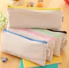 White canvas blank plain zipper Pencil pen bags stationery cases clutch organizer bag Gift 20.5*8.5cm DIY storage pouch 100pcs wholesale DHL