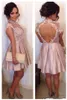 New High Neck Pink Short Homecoming Dresses A Line Cap Sleeves Keyhole Backless Lace Cocktail Dresses Appliqued Prom Graduation Gowns