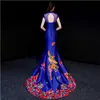 Bleu brodé chinois traditionnel robe moderne Qipao mariage Cheongsam longue soirée robe de soirée femmes Sexy dos nu vestido