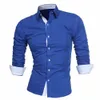 New Business Men Color Block Buttons Col rabattu Chemise à manches longues Slim Fit Top