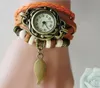 Mode kvinnor titta på kvinnliga blad hängsmycke armband klockor dam personlighet vintage pärlor rep väv läder armbandsur