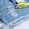 Mode kinderen gat denim shorts meisjes pailletten stippen eend borduren spijkerbroek kinderen kralen dubbele zak cowboy shorts F61927619