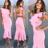 Nieuwe ontwerp vrouwen o-hals mouwloze ruches patchwork leuke effen kleur terug cuout sexy bodycon zeemeermin maxi lange party dress249S