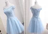 2019 Light Sky Blue Tea-length Bridesmaid Dresses Off-Shoulder Empire Waist Maid of Honor With Applique Honor Bridal Gowns